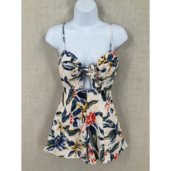 ASTR The Label Pants - ASTR‎ The Label Romper Womens XS Multicolor Linen Cotton Floral Tie Cutout Boho